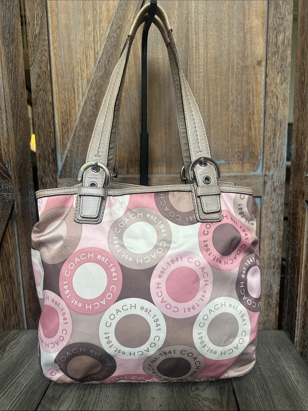 Coach Vintage Soho Snaphead Pink & Taupe Shoulder Tote Matching Wristlet RARE - Picture 2 of 16